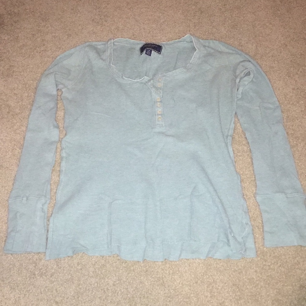 American Eagle Aqua Waffle Buttoned Long Sleeve